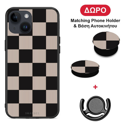 Black and Taupe Striped Checks - iPhone 14 θήκη + Δώρο Phone Holder & Βάση Αυτοκινήτου