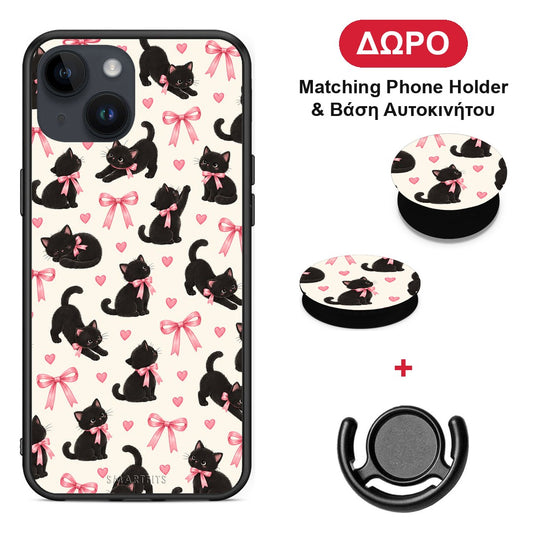 Black Kittens and Pink Bows on Cream Small - iPhone 14 θήκη + Δώρο Phone Holder & Βάση Αυτοκινήτου