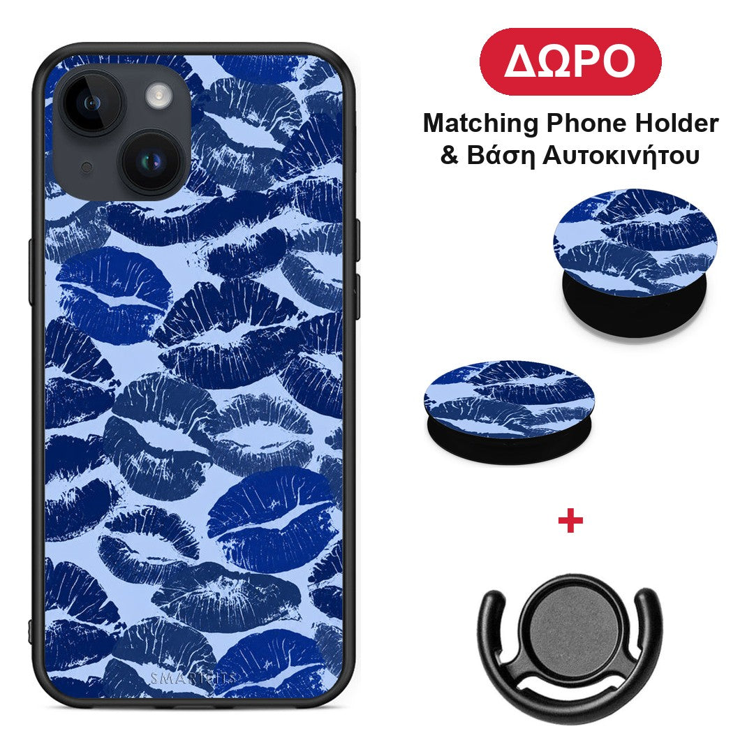 Blue Lipstick Kisses - iPhone 14 θήκη + Δώρο Phone Holder & Βάση Αυτοκινήτου