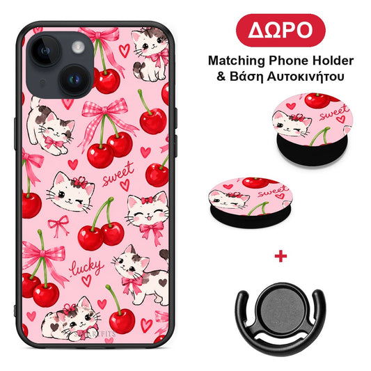 Cherries Bows and Kittens on Pink - iPhone 14 θήκη + Δώρο Phone Holder & Βάση Αυτοκινήτου
