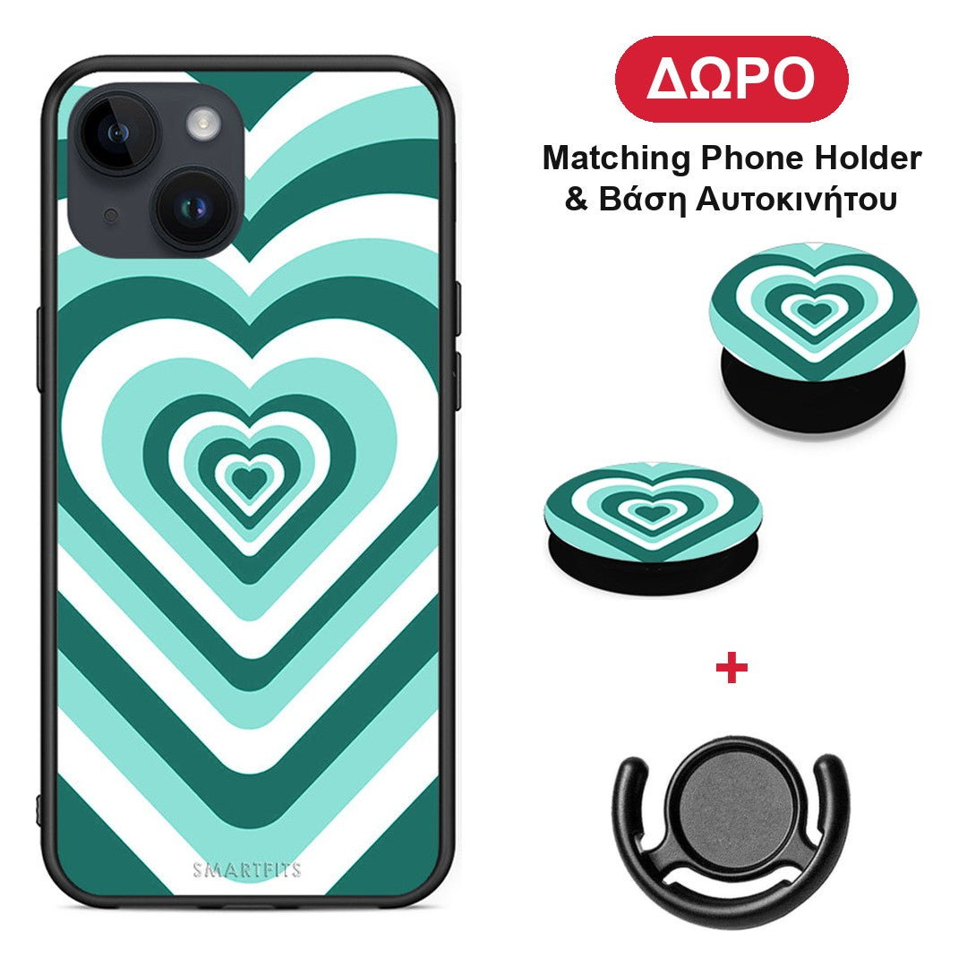 Green Hearts - iPhone 14 θήκη + Δώρο Phone Holder & Βάση Αυτοκινήτου