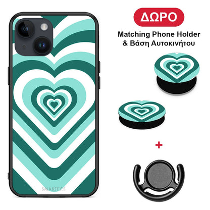 Green Hearts - iPhone 14 θήκη + Δώρο Phone Holder & Βάση Αυτοκινήτου