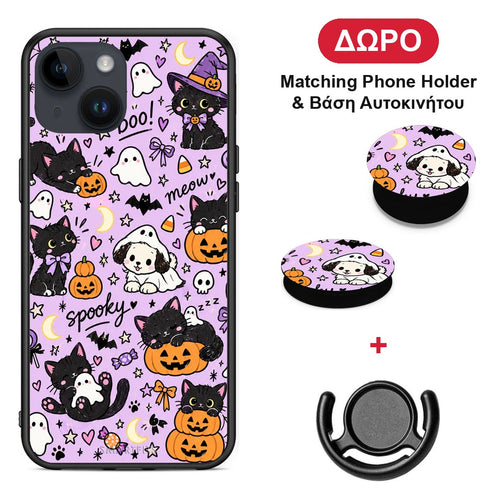 Halloween Black Cats on Lilac - iPhone 14 θήκη + Δώρο Phone Holder & Βάση Αυτοκινήτου