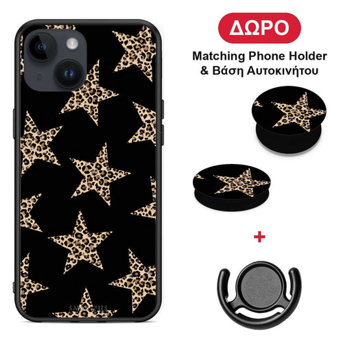 Leopard Stars on Black - iPhone 14 θήκη + Δώρο Phone Holder & Βάση Αυτοκινήτου