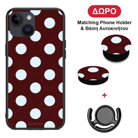 Pale Blue Large Polka Dots on Burgundy - iPhone 14 θήκη + Δώρο Phone Holder & Βάση Αυτοκινήτου