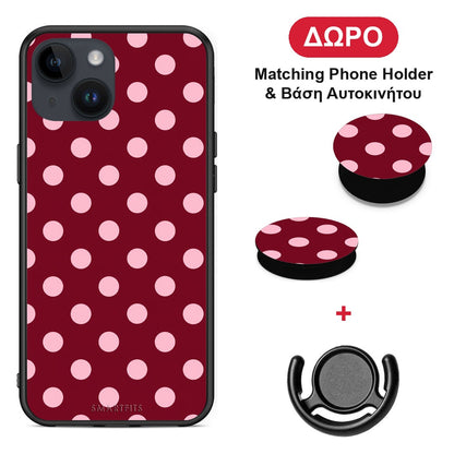 Pink Polka Dots on Burgundy - iPhone 14 θήκη + Δώρο Phone Holder & Βάση Αυτοκινήτου