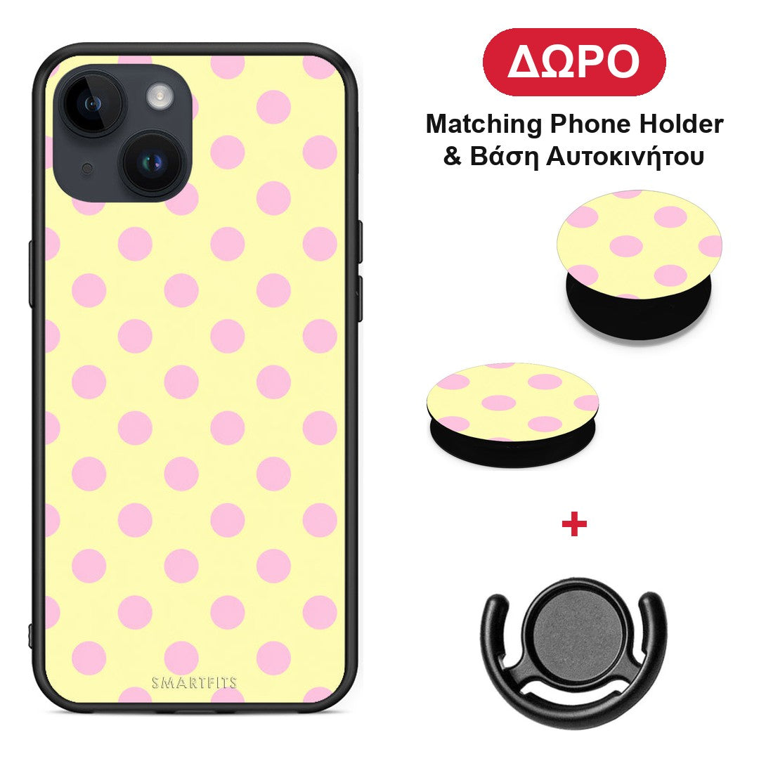 Pink Polka Dots on Yellow - iPhone 14 θήκη + Δώρο Phone Holder & Βάση Αυτοκινήτου