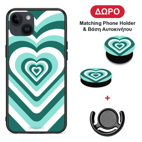 Green Hearts - iPhone 14 Plus θήκη + Δώρο Phone Holder & Βάση Αυτοκινήτου