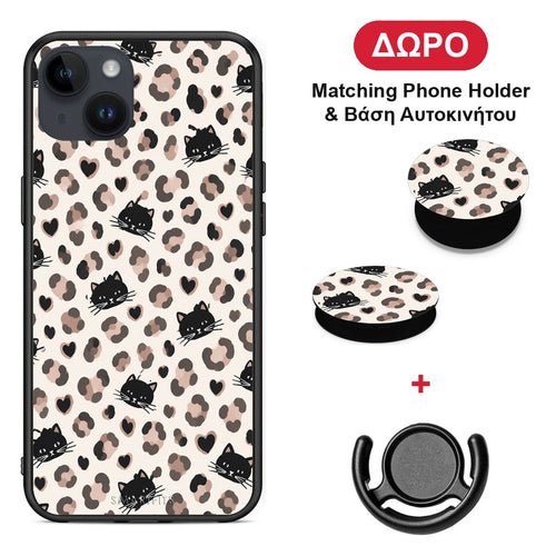 Leopard Spots and Black Cats on Cream - iPhone 14 Plus θήκη + Δώρο Phone Holder & Βάση Αυτοκινήτου