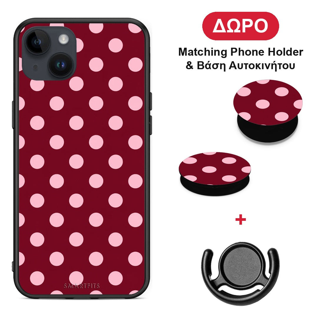 Pink Polka Dots on Burgundy - iPhone 14 Plus θήκη + Δώρο Phone Holder & Βάση Αυτοκινήτου