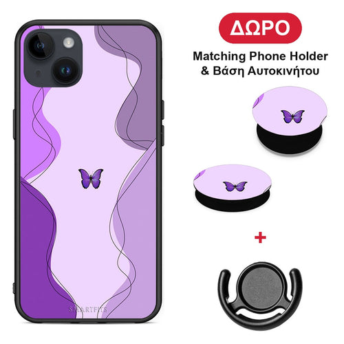 Purple Mariposa - iPhone 14 Plus θήκη + Δώρο Phone Holder & Βάση Αυτοκινήτου