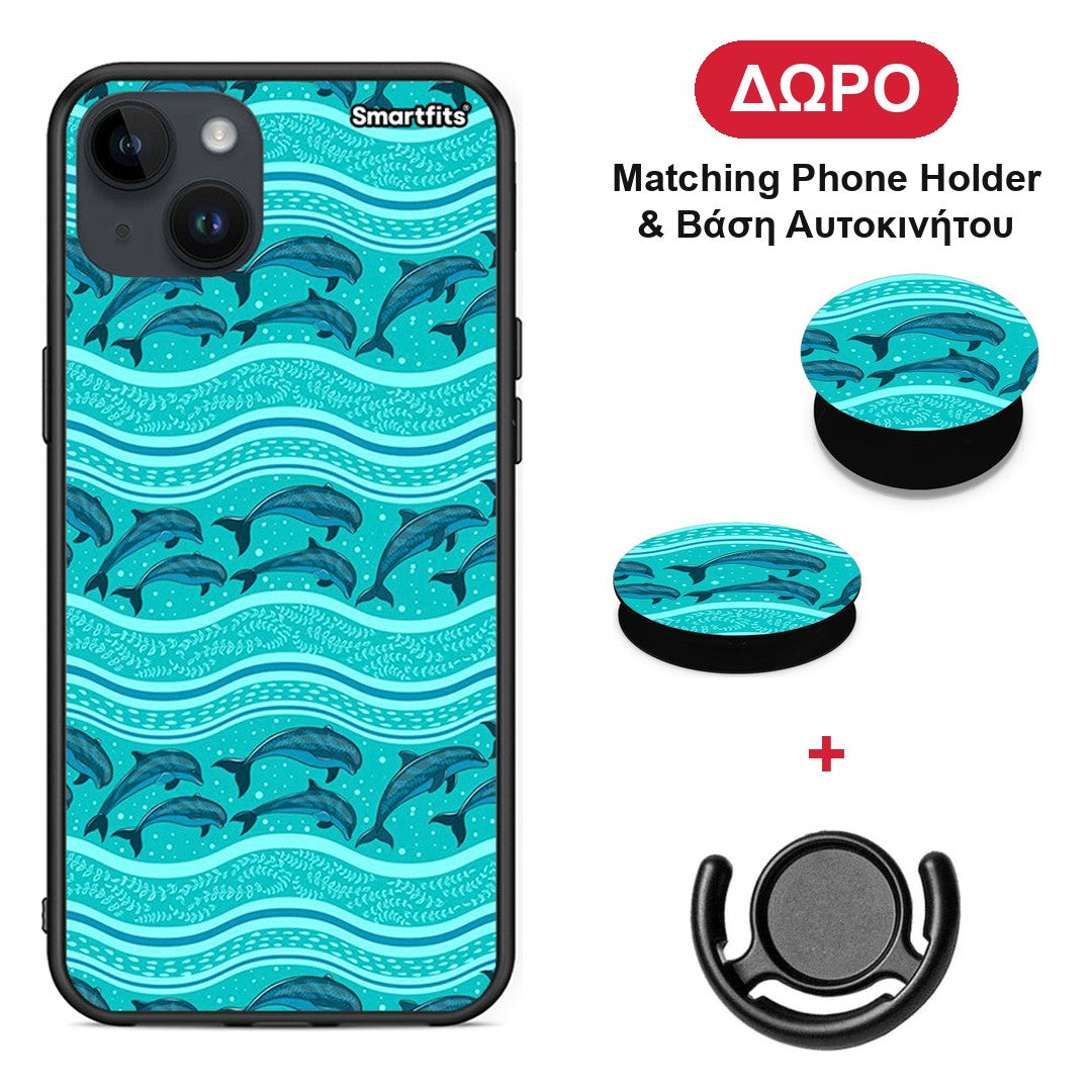 Swimming Dolphins - iPhone 14 Plus θήκη + Δώρο Phone Holder & Βάση Αυτοκινήτου