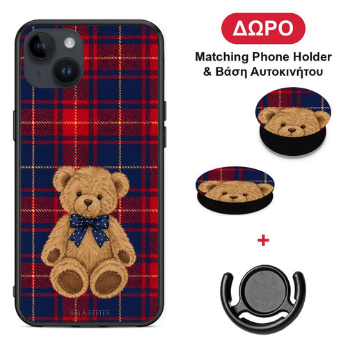 Teddy Bear on Red and Navy Tartan - iPhone 14 Plus θήκη + Δώρο Phone Holder & Βάση Αυτοκινήτου