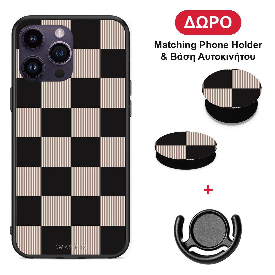 Black and Taupe Striped Checks - iPhone 14 Pro θήκη + Δώρο Phone Holder & Βάση Αυτοκινήτου
