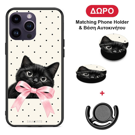 Black Kitten Pink Bow and Polka Dots - iPhone 14 Pro θήκη + Δώρο Phone Holder & Βάση Αυτοκινήτου