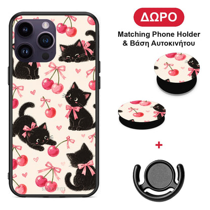 Black Kittens and Cherries on Cream - iPhone 14 Pro θήκη + Δώρο Phone Holder & Βάση Αυτοκινήτου