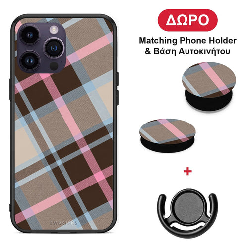 Brown Pink and Blue Diagonal Plaid - iPhone 14 Pro θήκη + Δώρο Phone Holder & Βάση Αυτοκινήτου