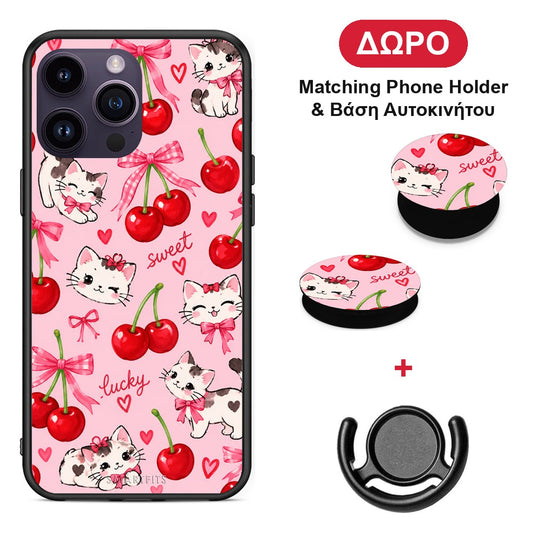 Cherries Bows and Kittens on Pink - iPhone 14 Pro θήκη + Δώρο Phone Holder & Βάση Αυτοκινήτου