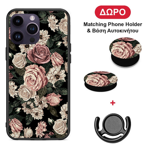 Flower Wild Roses - iPhone 14 Pro θήκη + Δώρο Phone Holder & Βάση Αυτοκινήτου