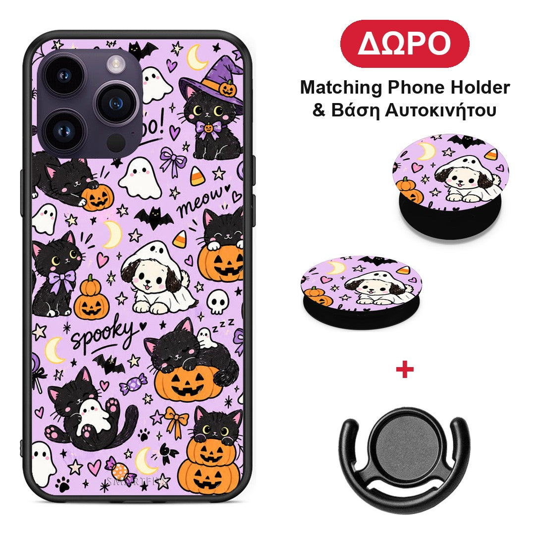 Halloween Black Cats on Lilac - iPhone 14 Pro θήκη + Δώρο Phone Holder & Βάση Αυτοκινήτου