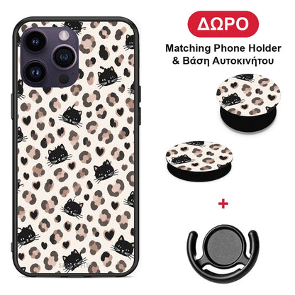 Leopard Spots and Black Cats on Cream - iPhone 14 Pro θήκη + Δώρο Phone Holder & Βάση Αυτοκινήτου