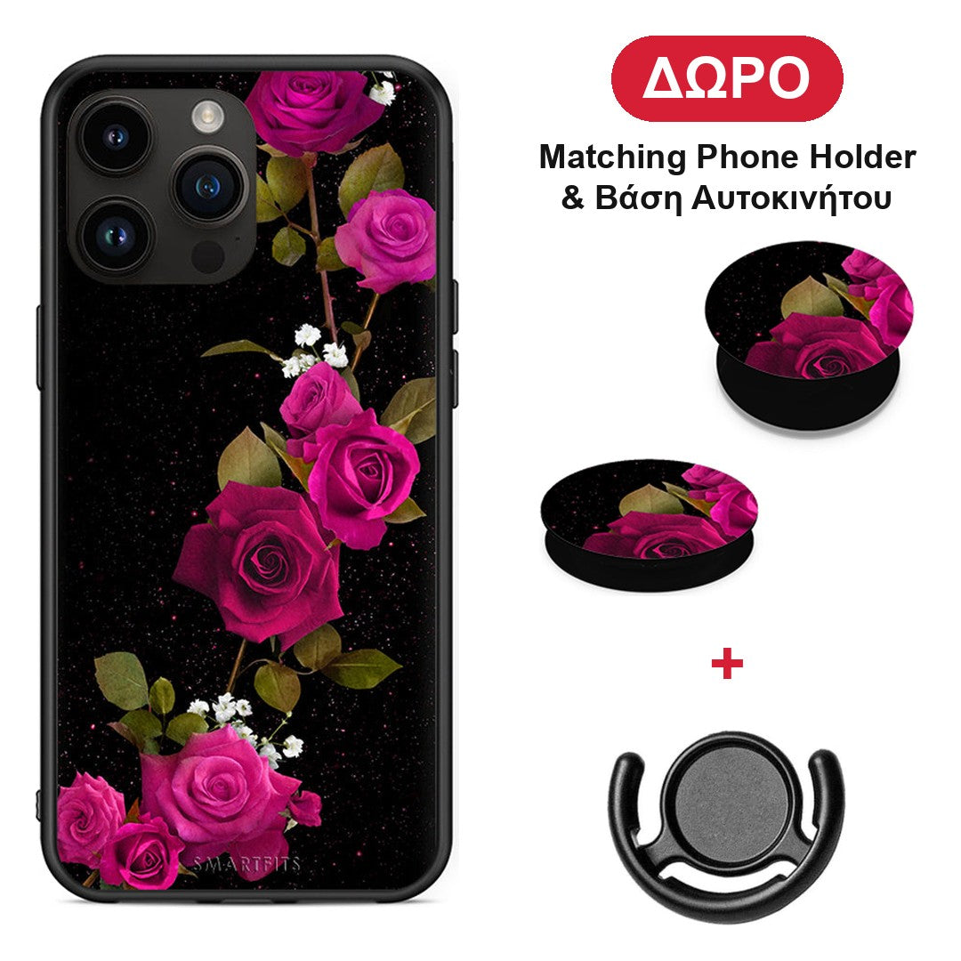 Flower Red Roses - iPhone 14 Pro Max θήκη + Δώρο Phone Holder & Βάση Αυτοκινήτου