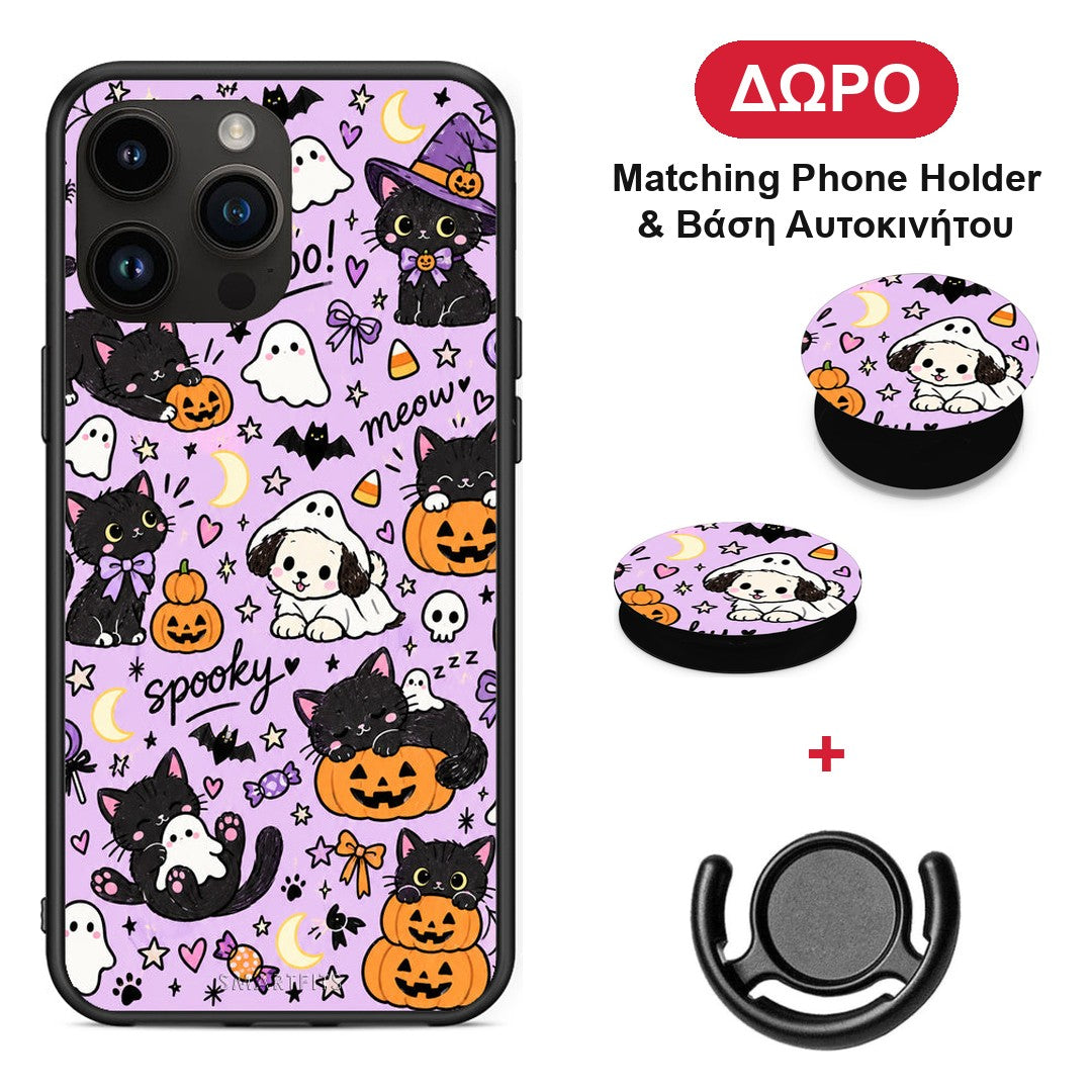 Halloween Black Cats on Lilac - iPhone 14 Pro Max θήκη + Δώρο Phone Holder & Βάση Αυτοκινήτου