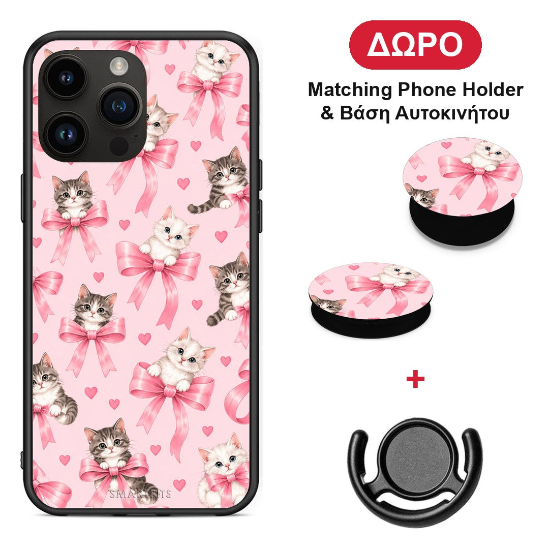 Kittens and Pink Bows on Pink - iPhone 14 Pro Max θήκη + Δώρο Phone Holder & Βάση Αυτοκινήτου
