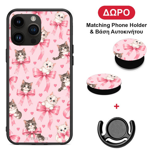 Kittens and Pink Bows on Pink - iPhone 14 Pro Max θήκη + Δώρο Phone Holder & Βάση Αυτοκινήτου