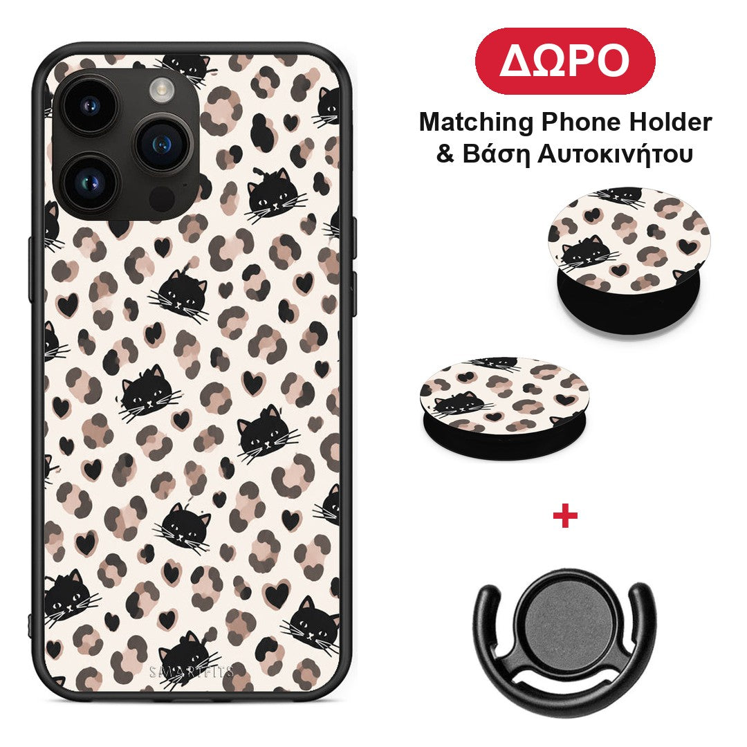 Leopard Spots and Black Cats on Cream - iPhone 14 Pro Max θήκη + Δώρο Phone Holder & Βάση Αυτοκινήτου