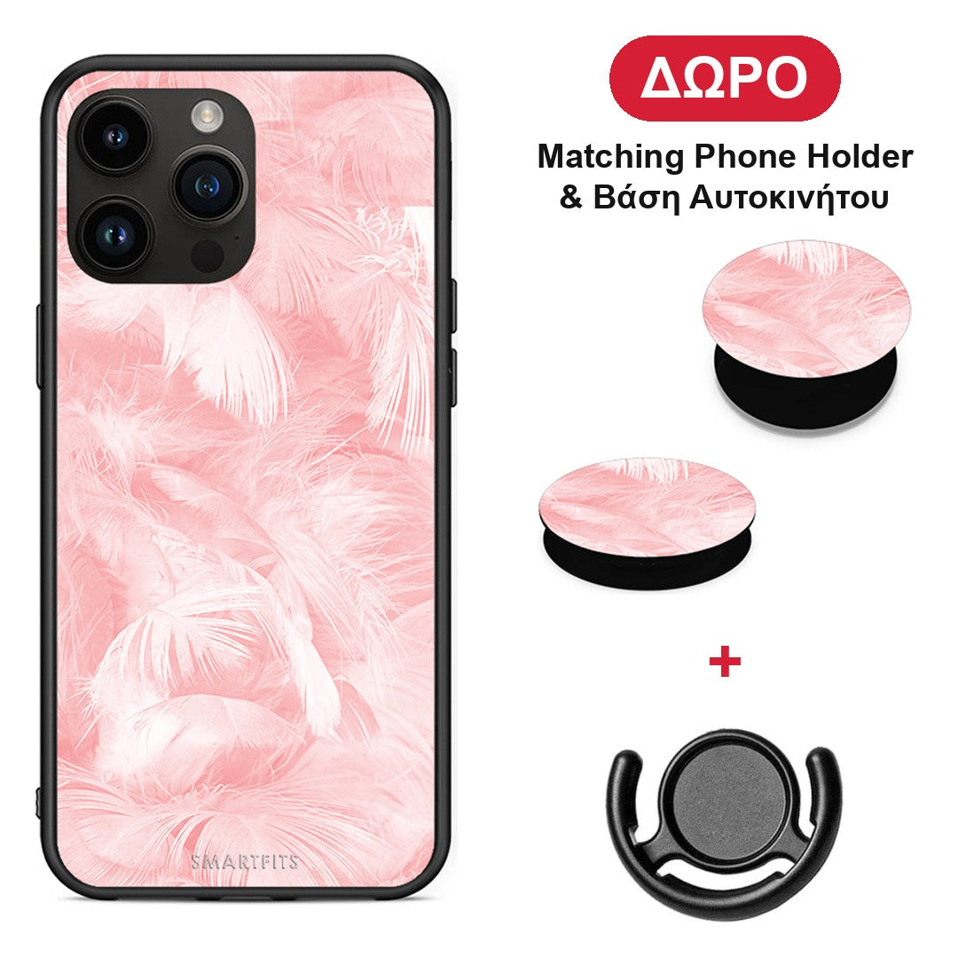 Boho Pink Feather - iPhone 14 Pro Max θήκη + Δώρο Phone Holder & Βάση Αυτοκινήτου