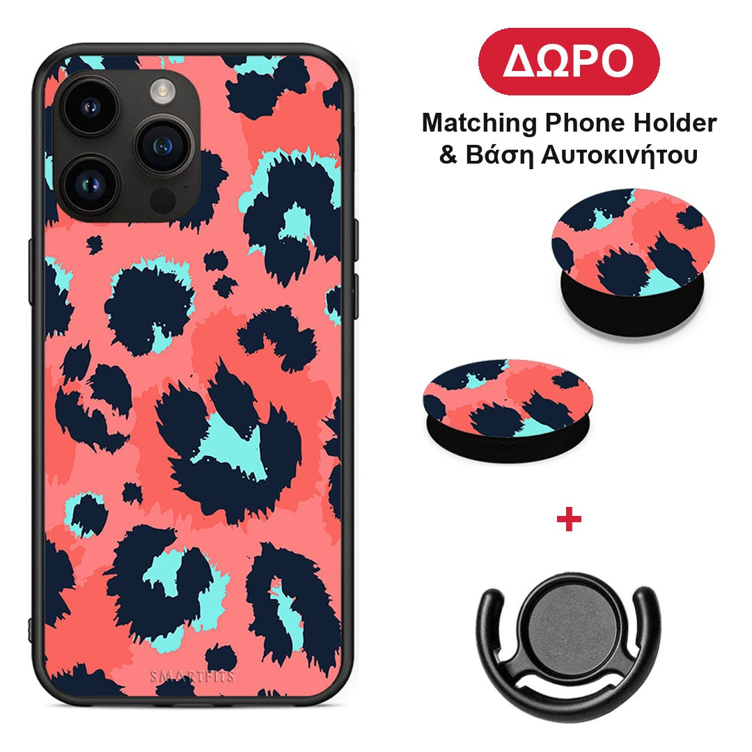 Animal Pink Leopard - iPhone 14 Pro Max θήκη + Δώρο Phone Holder & Βάση Αυτοκινήτου