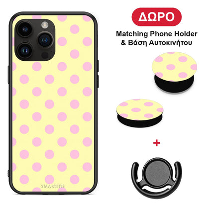 Pink Polka Dots on Yellow - iPhone 14 Pro Max θήκη + Δώρο Phone Holder & Βάση Αυτοκινήτου