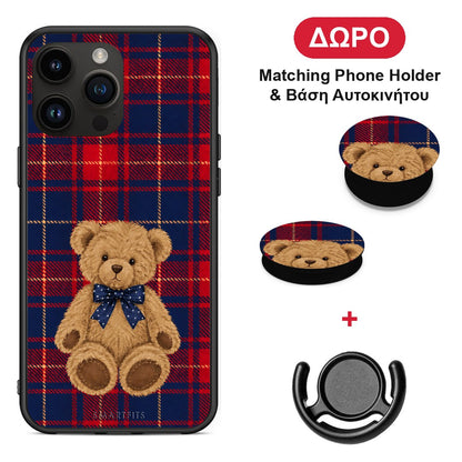 Teddy Bear on Red and Navy Tartan - iPhone 14 Pro Max θήκη + Δώρο Phone Holder & Βάση Αυτοκινήτου