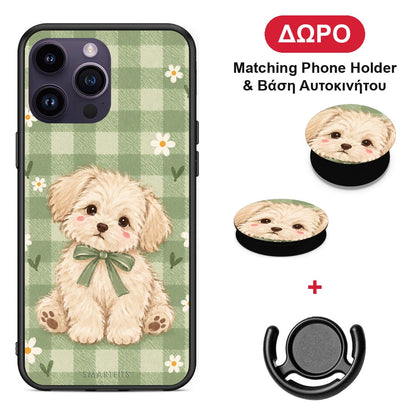 Puppy and Daisies on Sage Gingham - iPhone 14 Pro θήκη + Δώρο Phone Holder & Βάση Αυτοκινήτου