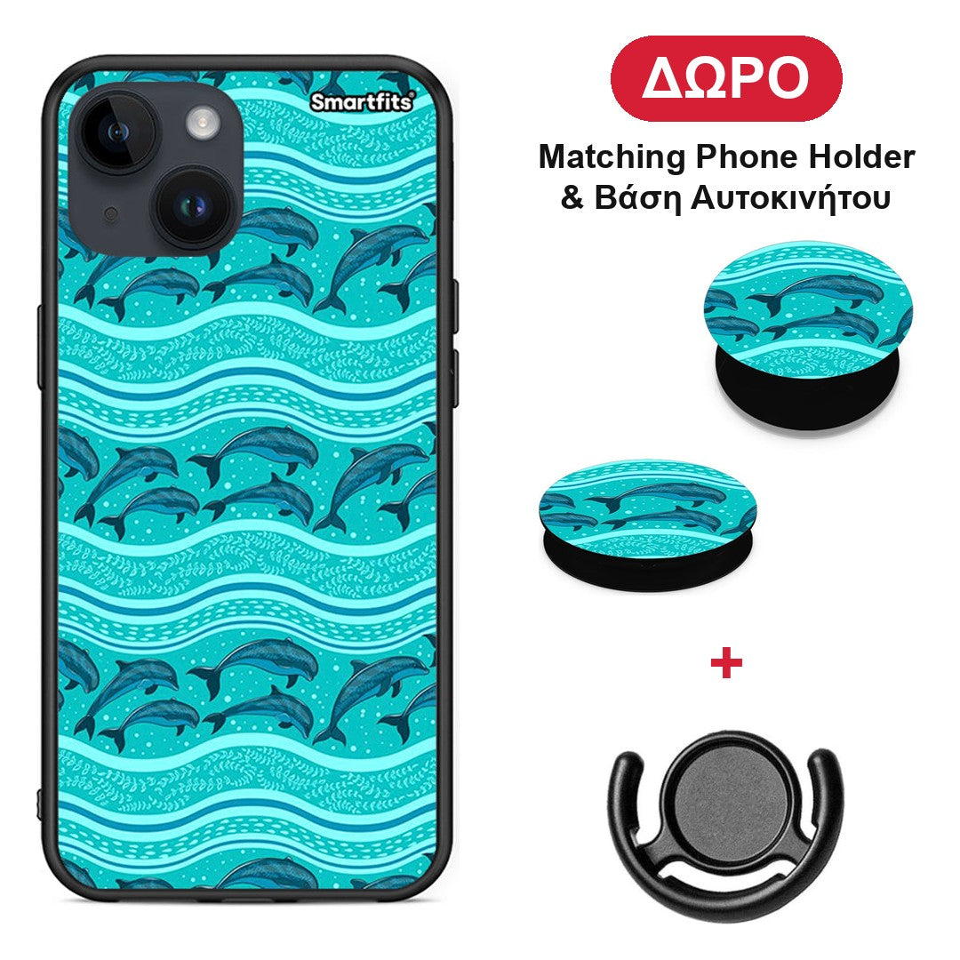 Swimming Dolphins - iPhone 14 θήκη + Δώρο Phone Holder & Βάση Αυτοκινήτου