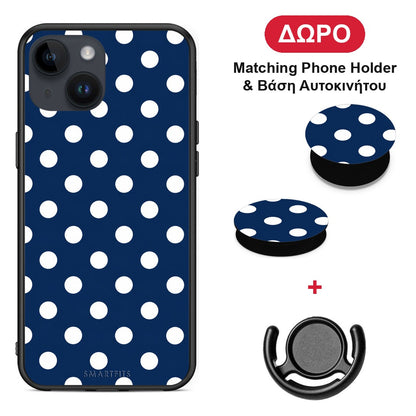 White Large Polka Dots on Navy - iPhone 14 θήκη + Δώρο Phone Holder & Βάση Αυτοκινήτου