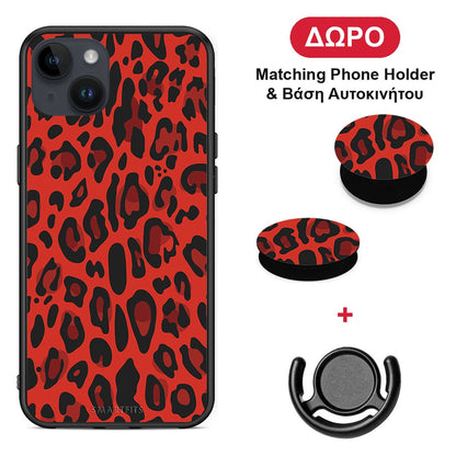 Animal Red Leopard - iPhone 15 Plus θήκη + Δώρο Phone Holder & Βάση Αυτοκινήτου