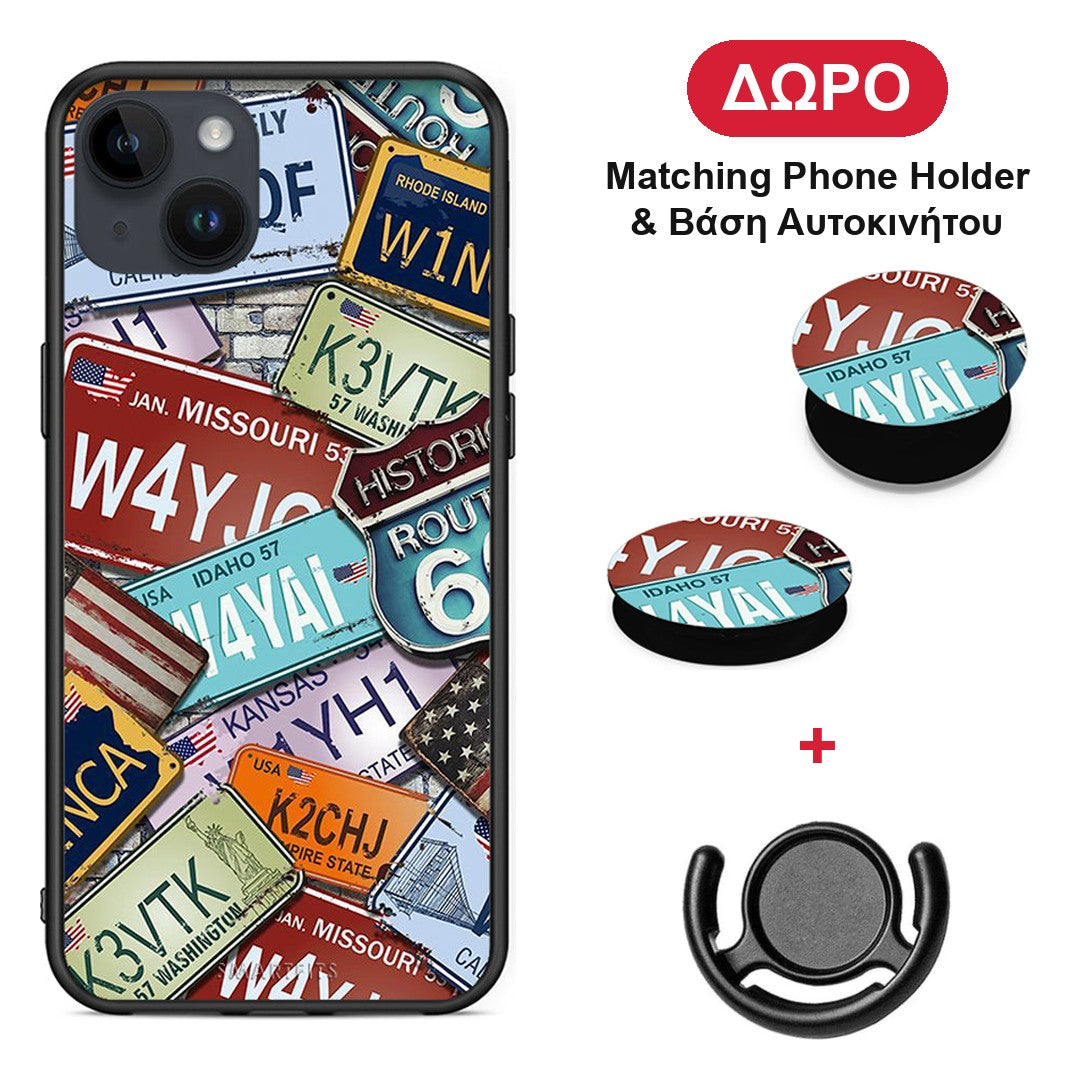 Car Plates - iPhone 15 Plus θήκη + Δώρο Phone Holder & Βάση Αυτοκινήτου