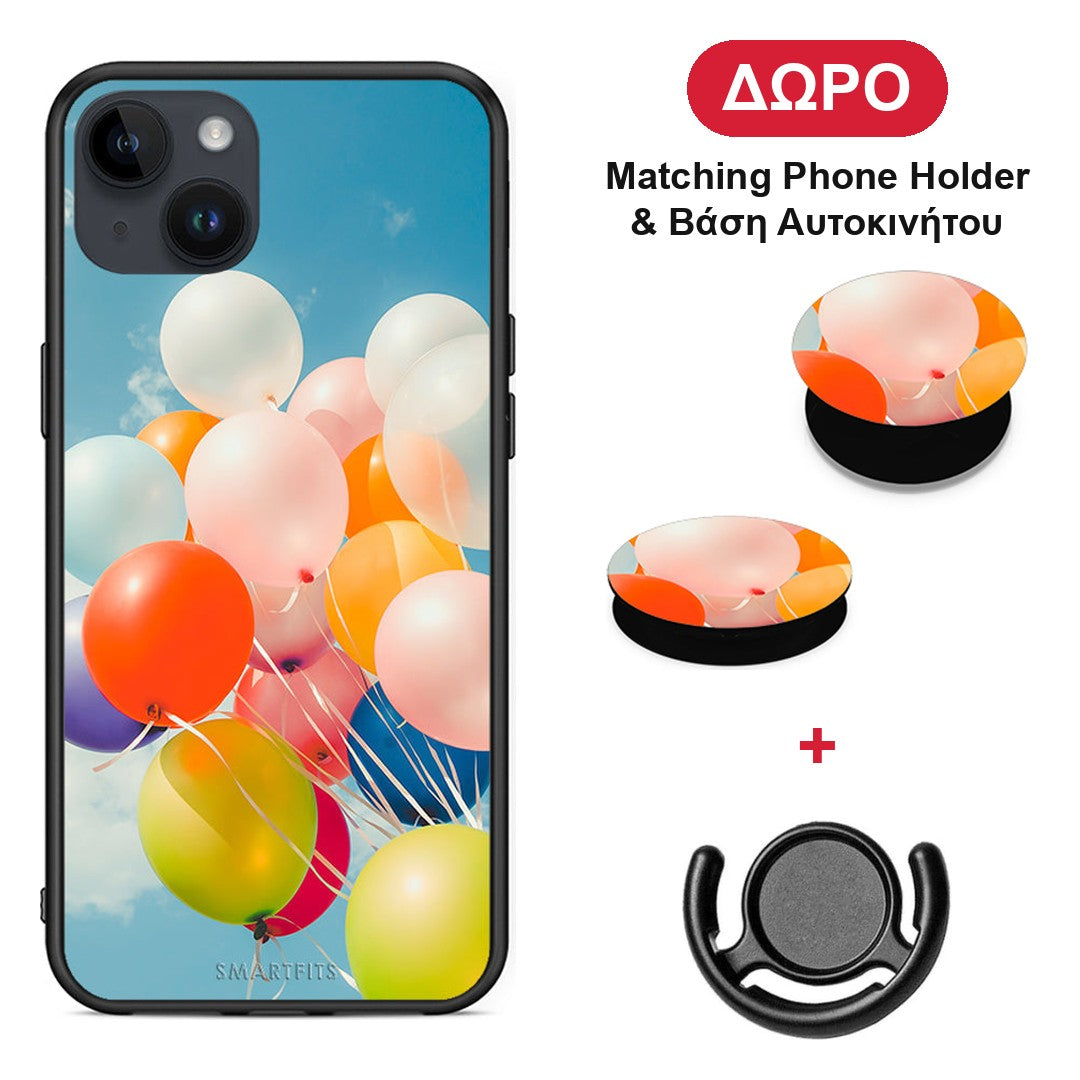 Colorful Balloons - iPhone 15 Plus θήκη + Δώρο Phone Holder & Βάση Αυτοκινήτου