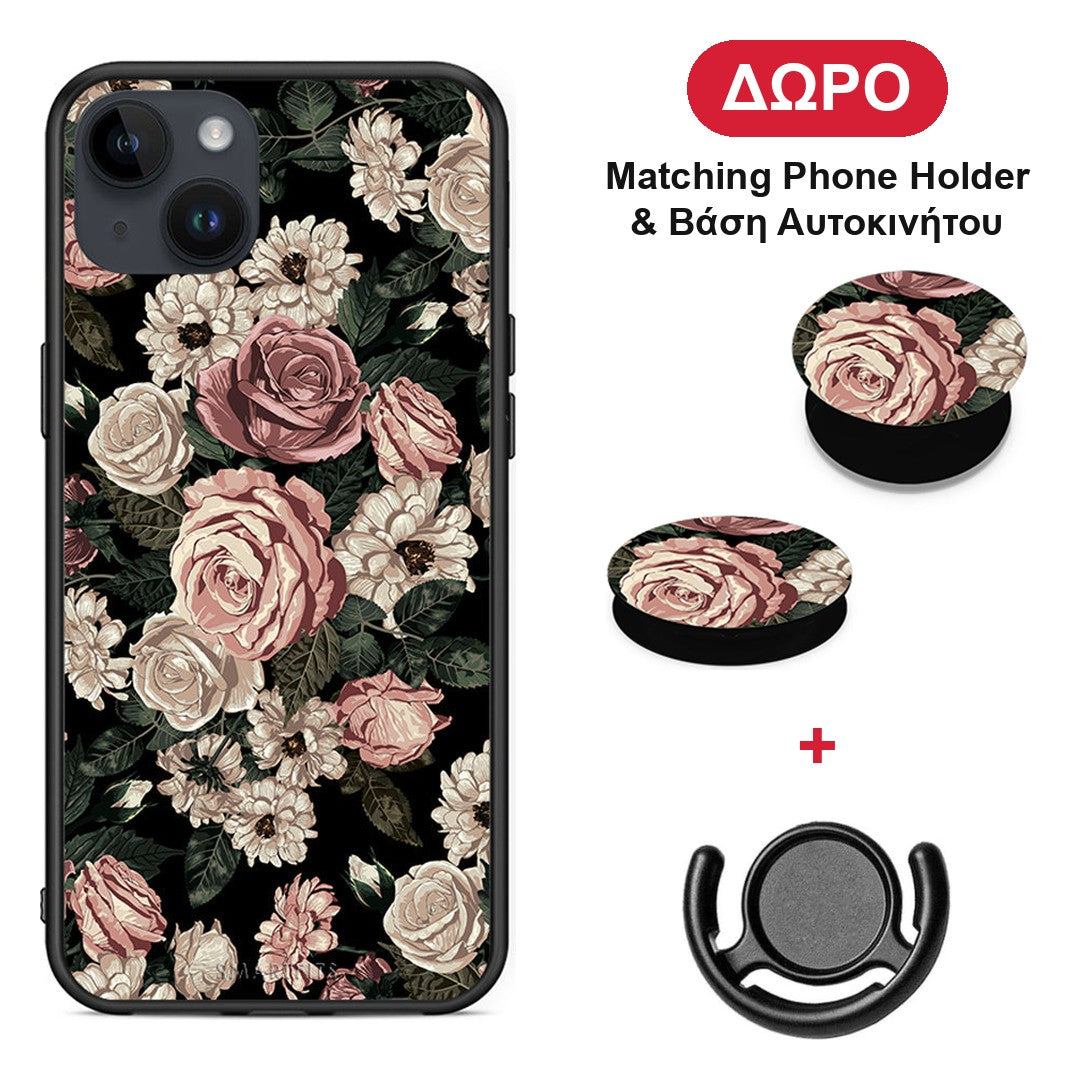 Flower Wild Roses - iPhone 15 Plus θήκη + Δώρο Phone Holder & Βάση Αυτοκινήτου