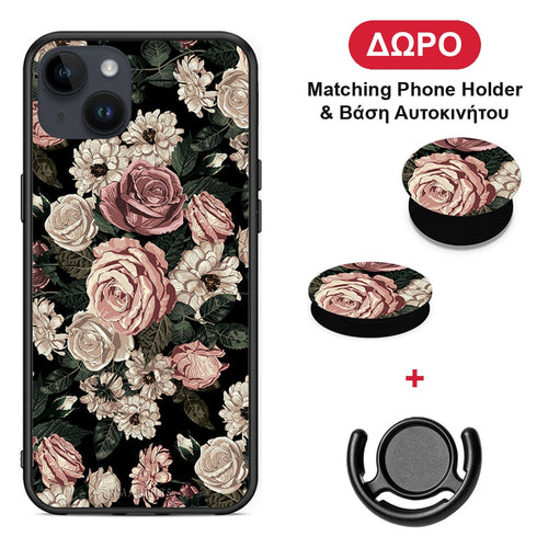 Flower Wild Roses - iPhone 15 Plus θήκη + Δώρο Phone Holder & Βάση Αυτοκινήτου