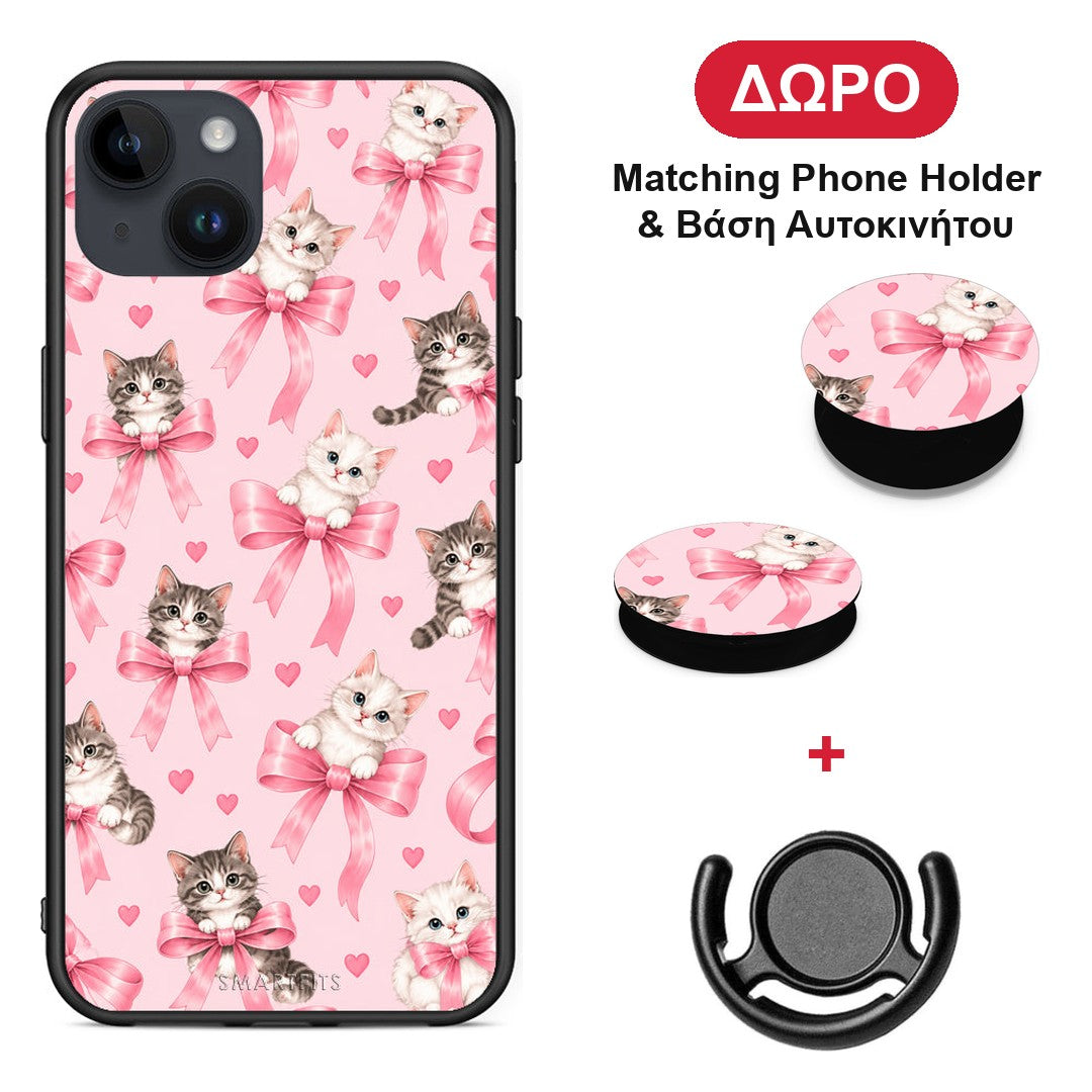 Kittens and Pink Bows on Pink - iPhone 15 Plus θήκη + Δώρο Phone Holder & Βάση Αυτοκινήτου