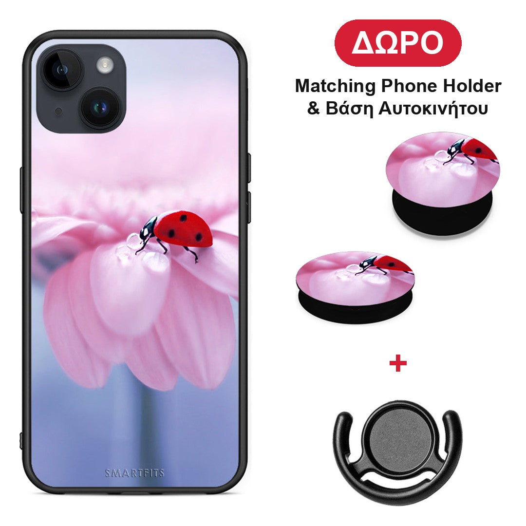 Ladybug Flower - iPhone 15 Plus θήκη + Δώρο Phone Holder & Βάση Αυτοκινήτου