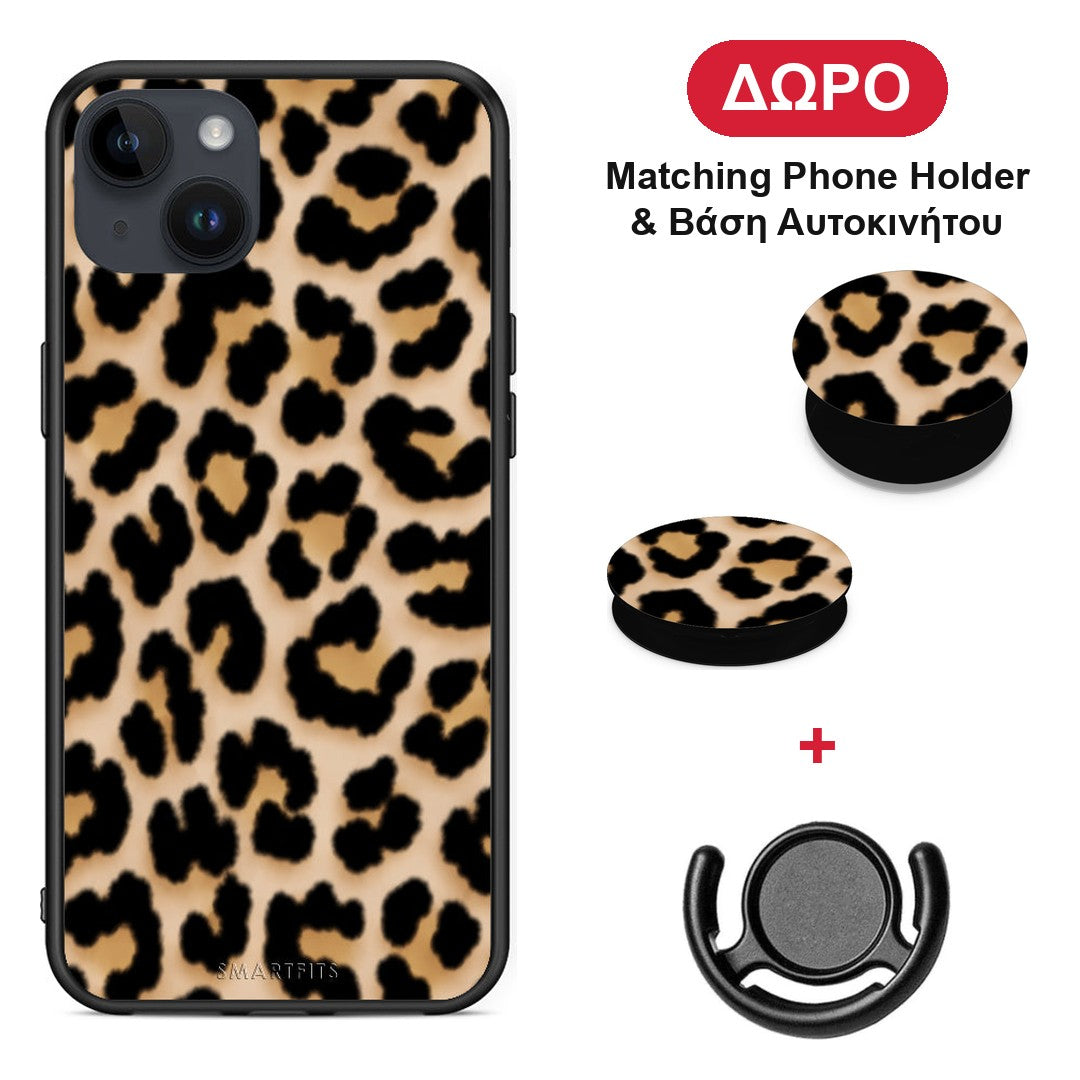 Leopard Print Tan Small - iPhone 15 Plus θήκη + Δώρο Phone Holder & Βάση Αυτοκινήτου