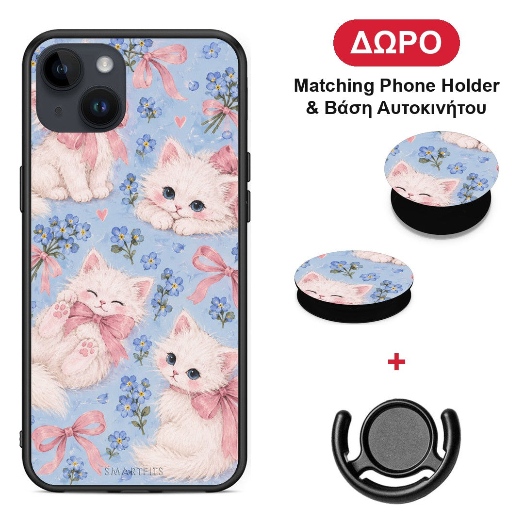 White Kittens and Blue Flowers Large - iPhone 15 Plus θήκη + Δώρο Phone Holder & Βάση Αυτοκινήτου