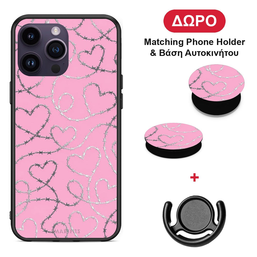 Barbed Wire Hearts on Pink - iPhone 15 Pro θήκη + Δώρο Phone Holder & Βάση Αυτοκινήτου