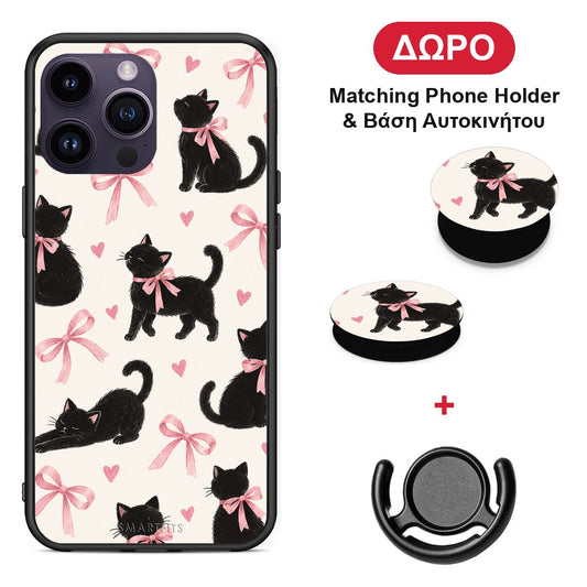 Black Kittens and Pink Bows on Cream Large - iPhone 15 Pro θήκη + Δώρο Phone Holder & Βάση Αυτοκινήτου