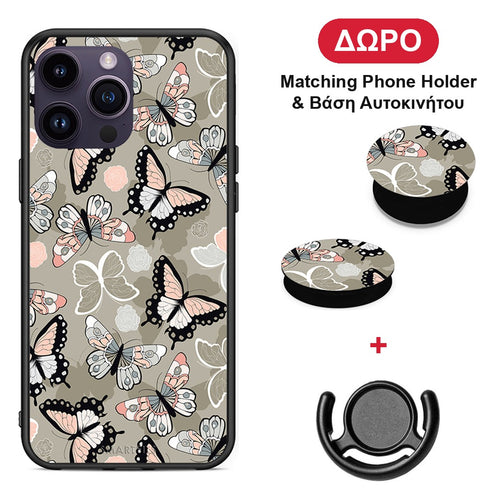 Boho Butterflies - iPhone 15 Pro θήκη + Δώρο Phone Holder & Βάση Αυτοκινήτου
