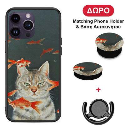 Cat Goldfish - iPhone 15 Pro θήκη + Δώρο Phone Holder & Βάση Αυτοκινήτου